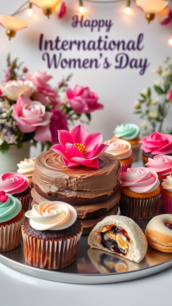 A vibrant assortment of bakery treats including chocolate cake, colorful cupcakes, and pastries, set against a floral backdrop.